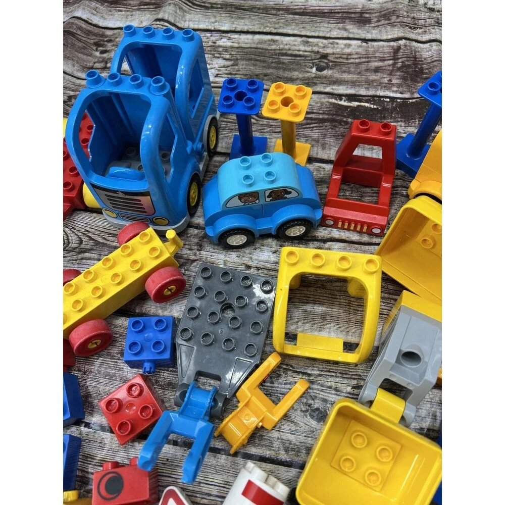 Lot of 100 Lego Duplo Construction W/Minifigs, Trains, Cars, Trucks, Backhoe